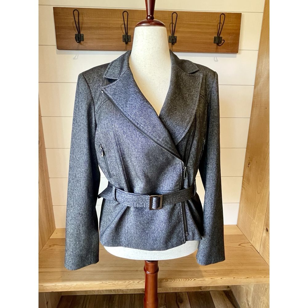 Jones New York Lined Fitted Stretch Jacket Zipper Black Gray Large